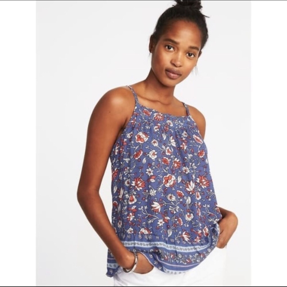 OLD NAVY Floral High Neck Swing Tank Flower Print Sleeveless Top M Women Blue